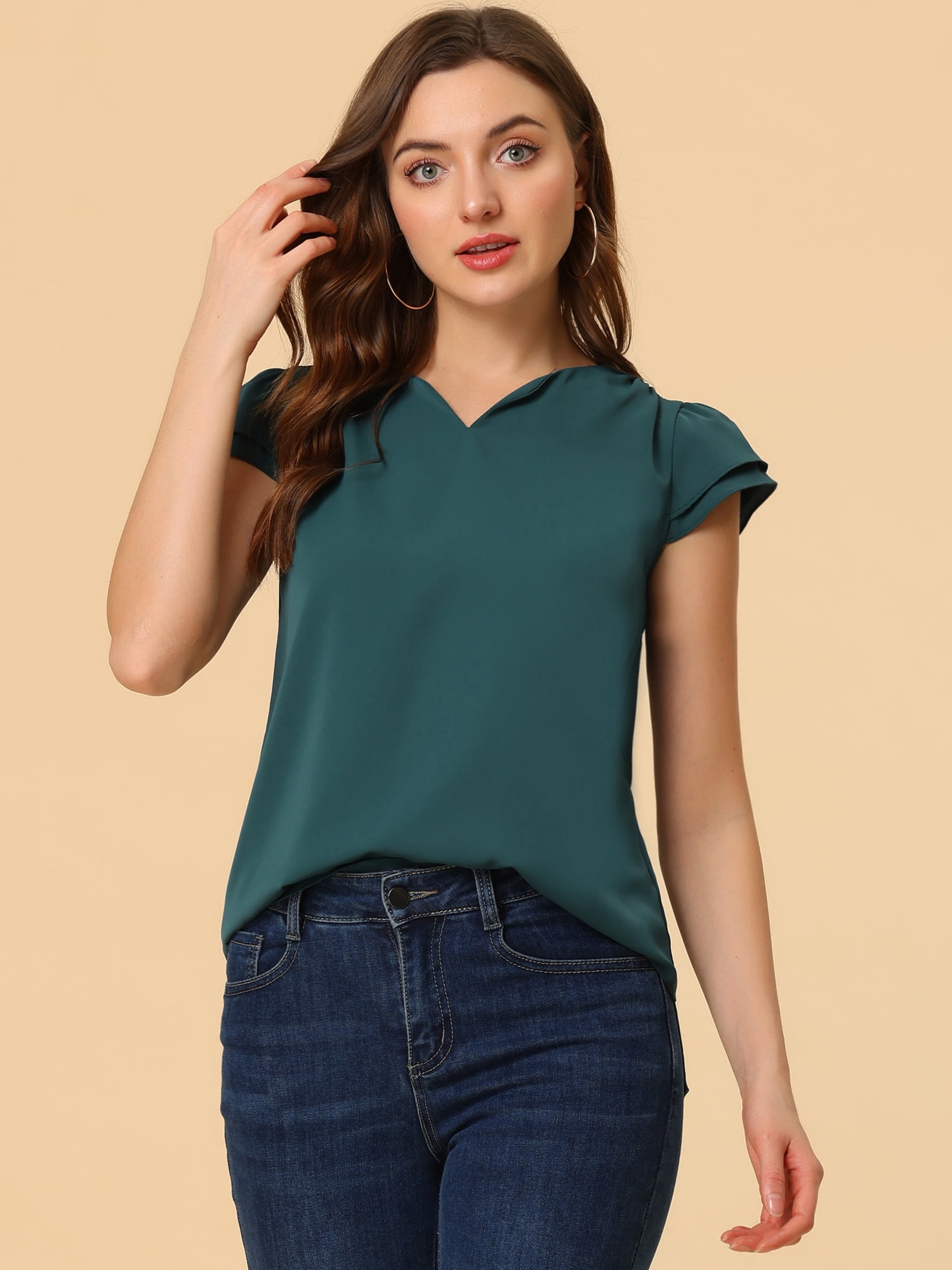 DARING DIVA Women's V Neck Casual Solid Cap Blouse Top XS Deep Green