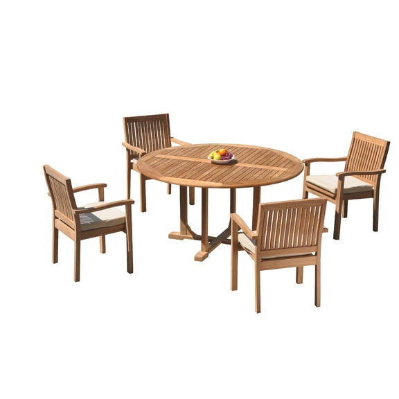 Grade-A Teak Dining Set: 4 Seater 5 Pc: 60" Round Table And 4 Leveb Stacking Arm Chairs Outdoor Patio WholesaleTeak #51LV1205