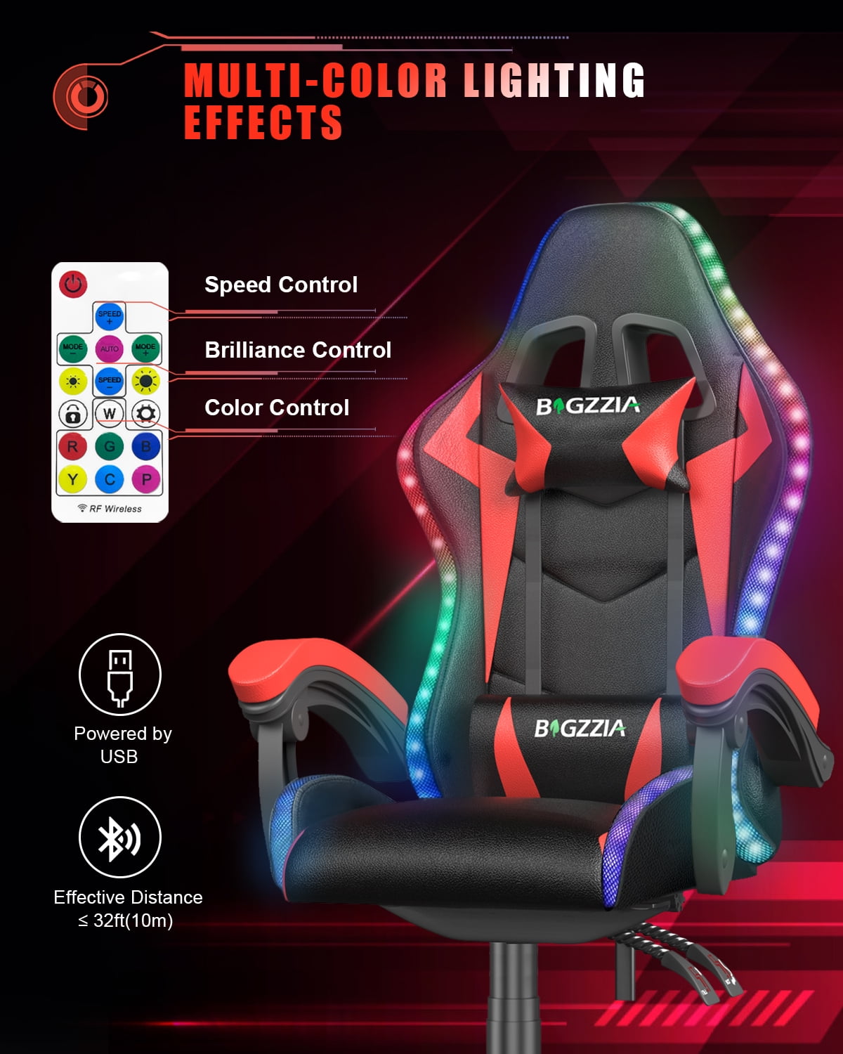 Bigzzia Gaming Chair with LED Lights, Computer Chair with Lumbar Support, Ergonomic High Back Video Game Chair with Swivel Seat and Headrest, Red