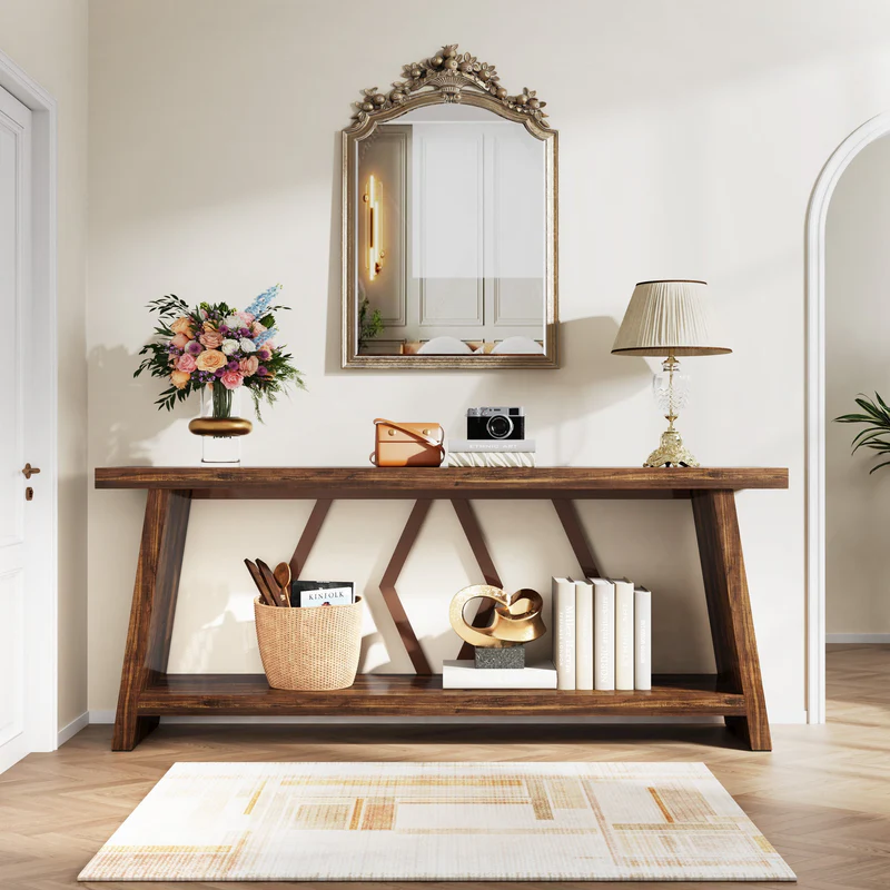 MAYEERTY 70.86" Extra Long 2-Tier Console Table, Rustic Sofa Table with Metal Frame