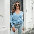 thumbnail image 4 of SGMVNU Women's Fall 2025 Wrap V Neck Long Batwing Sleeve Belted Waist Ruffle Knitted Sweater Pullover Top Fashion Fall Outfit Blue, Size S, 4 of 9