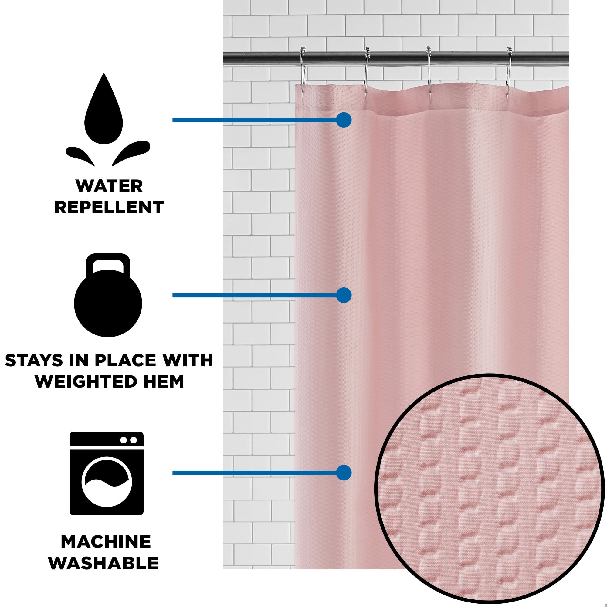 (3 pack) Mainstays Pearl Blush Water-Repellent Embossed Microfiber Fabric Shower Liner, 70" x 72"
