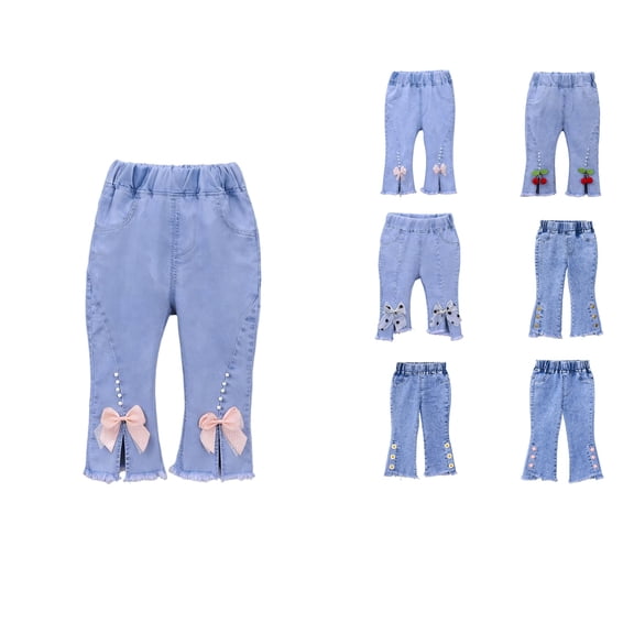Antinious Toddler Girls Bow Pearl Solid Split Hem Flared Elastic Capris Jeans