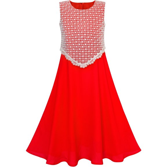 Girls Dress 2-in-1 Red Lace Chiffon Bridesmaid Wedding Party 6 Years