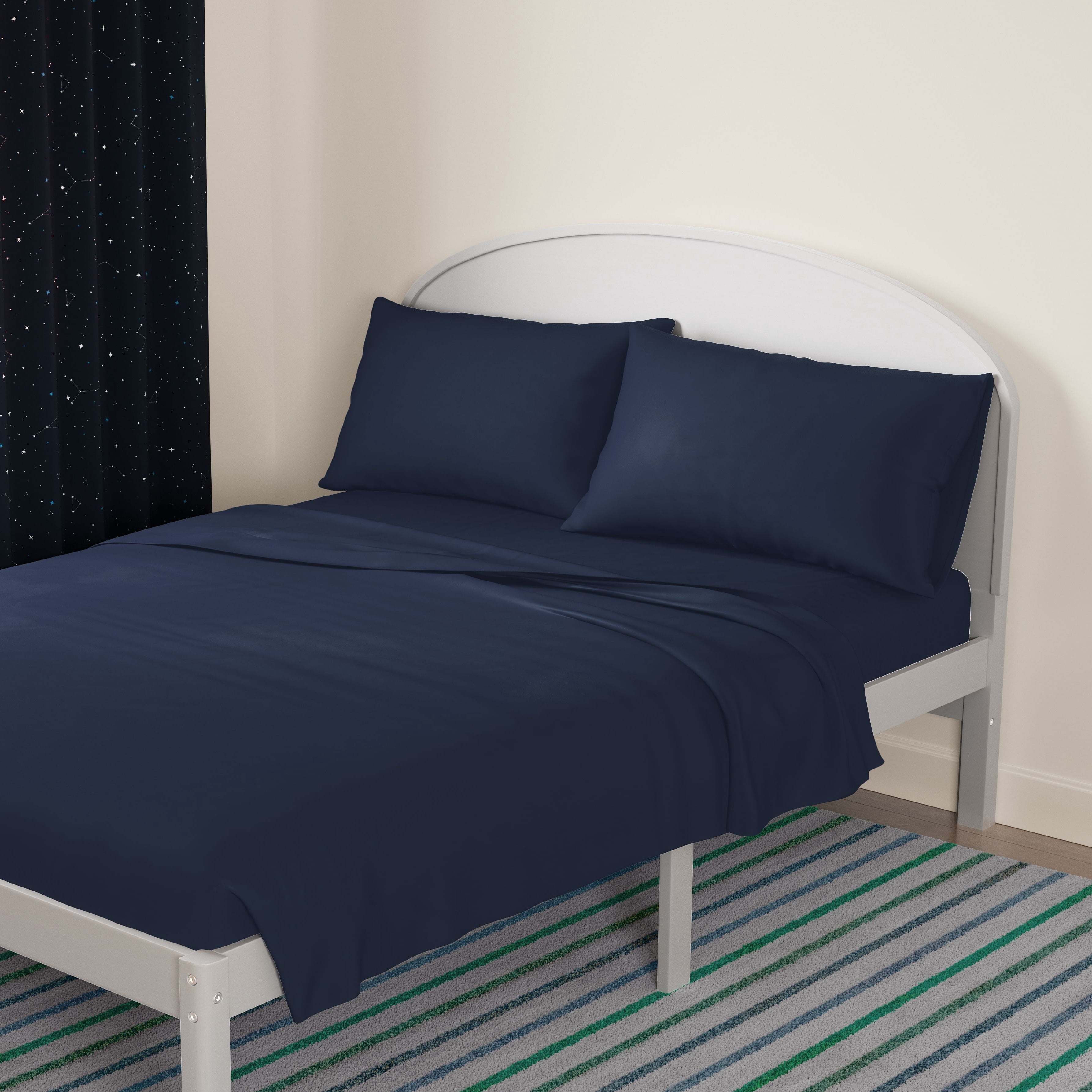 Mainstays Kids Microfiber Bed Sheet Set, Queen, Dark Blue, 4 Pieces