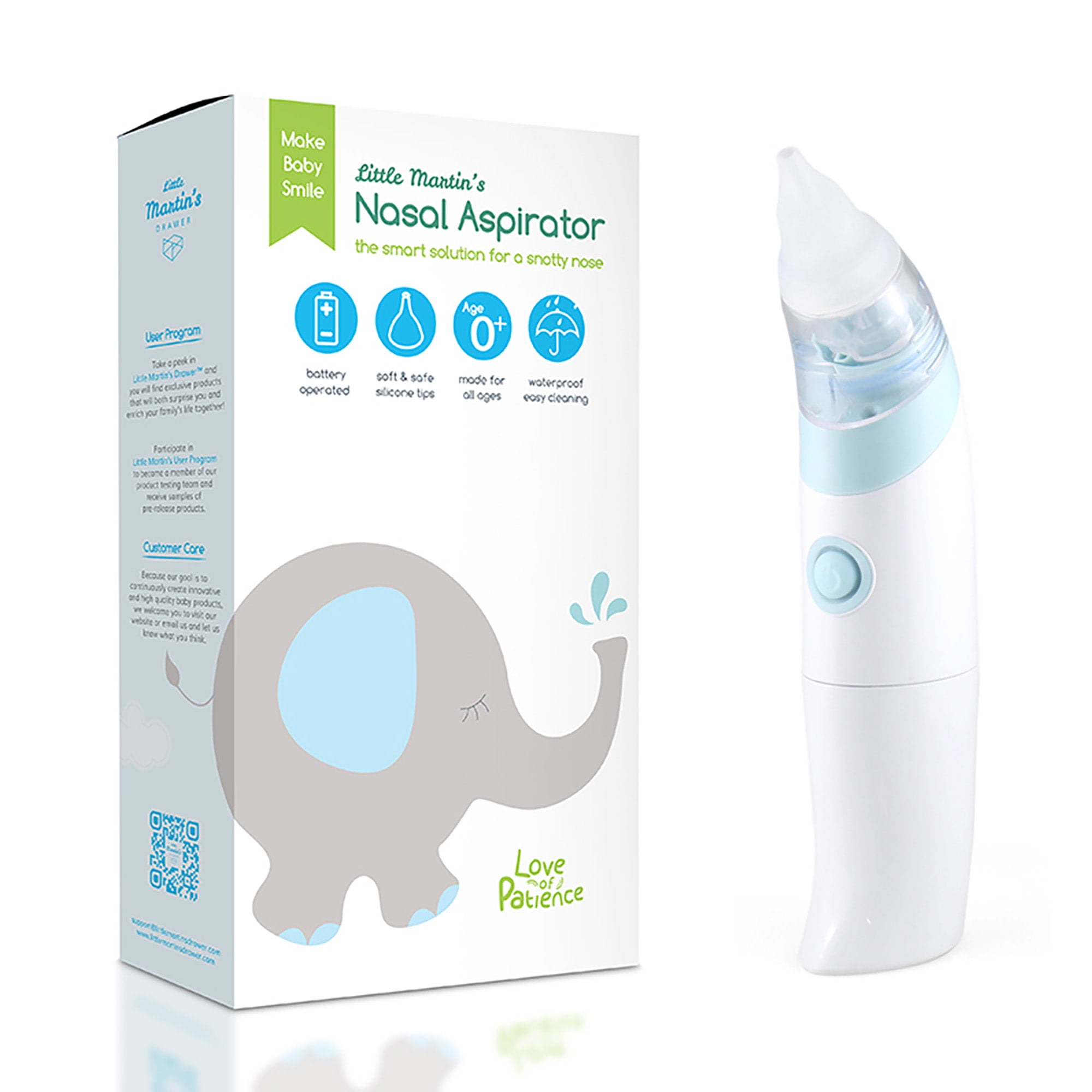 Little Martin's: Baby Electric Nasal Aspirator - Blue - Clears Congestion, Removes Mucus, Gentle & Quick, Silicone Tip, Waterproof, Infant-Kids-Adult