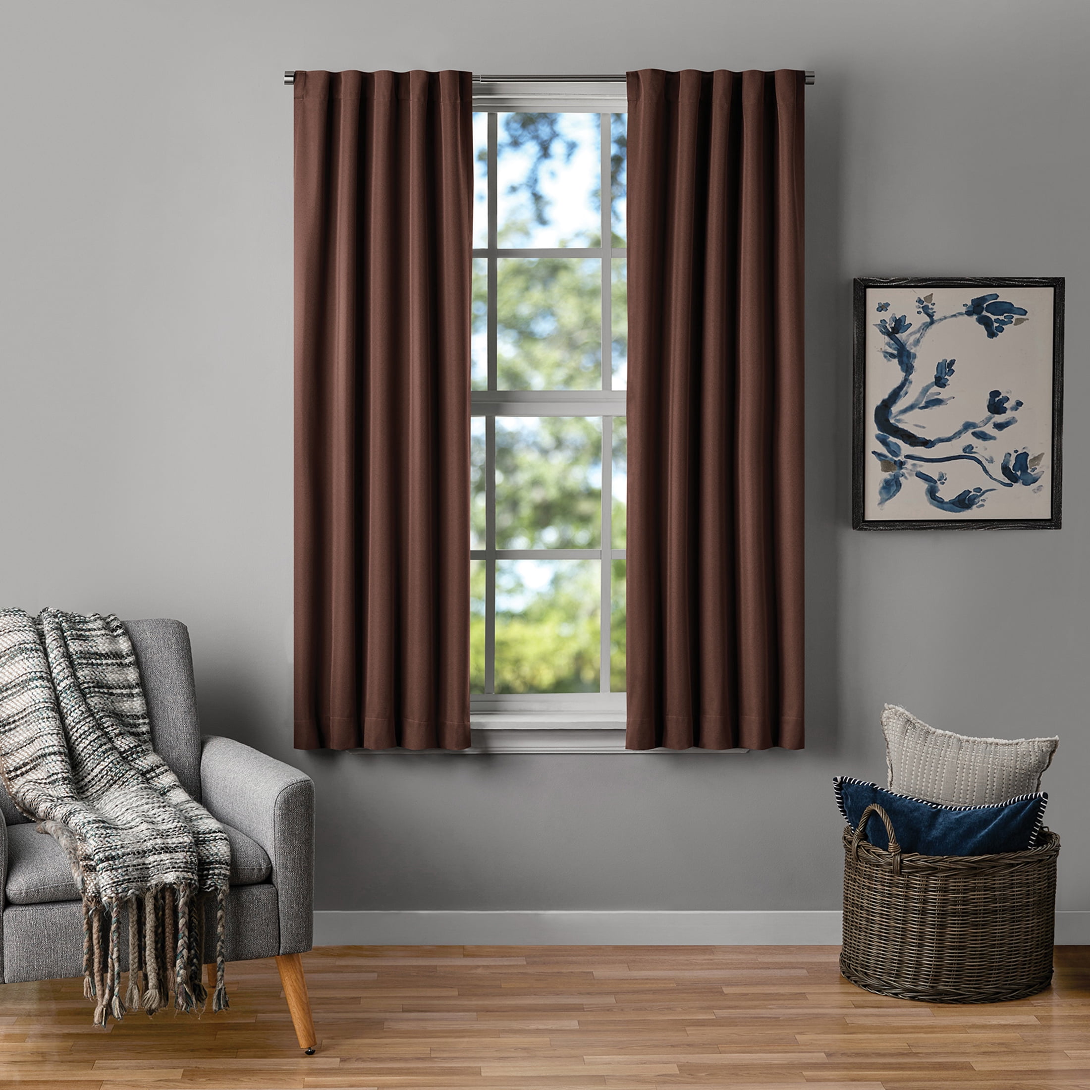 Mainstays Brown Solid Blackout Rod Pocket with Back Tabs Curtain Panel Pair, Set of 2, 30" W x 63" L