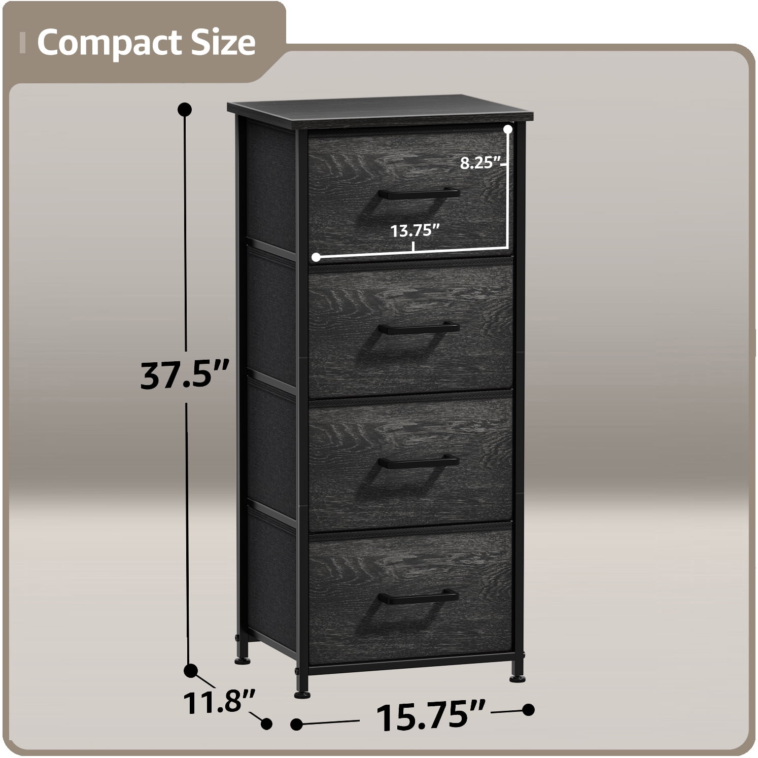 Sorbus 4-Drawer Nightstand, Bedside Table with Steel Frame, Wood Top, Rustic Black