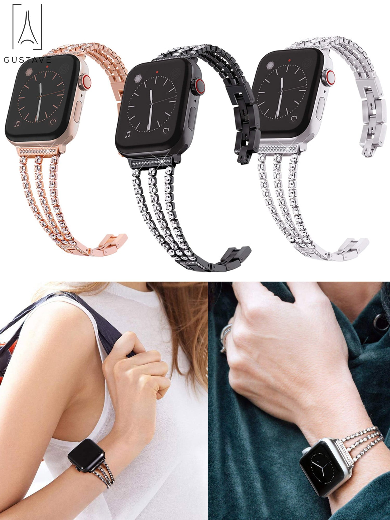 trechter Knipoog Eerlijk Gustave Apple Watch Bands Women Bracelet Replacement for iWatch Bands  Stainless Steel Metal with Rhinestone Diamond for Series 7,6,5,4,3,2,1  "Black,38mm / 40mm" - Walmart.com