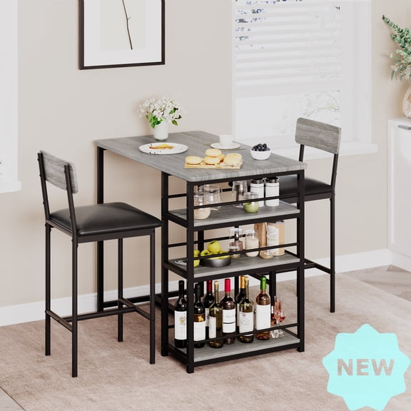 Jojoka 3 Piece Dining Set for 2, Bar Table with Storage Shelf and 2 Height Upholstered Chairs Wood Top Dinette Breakfast Furniture for Small Space, Kitchen, Apartment, Dining Room, Rustic Grey