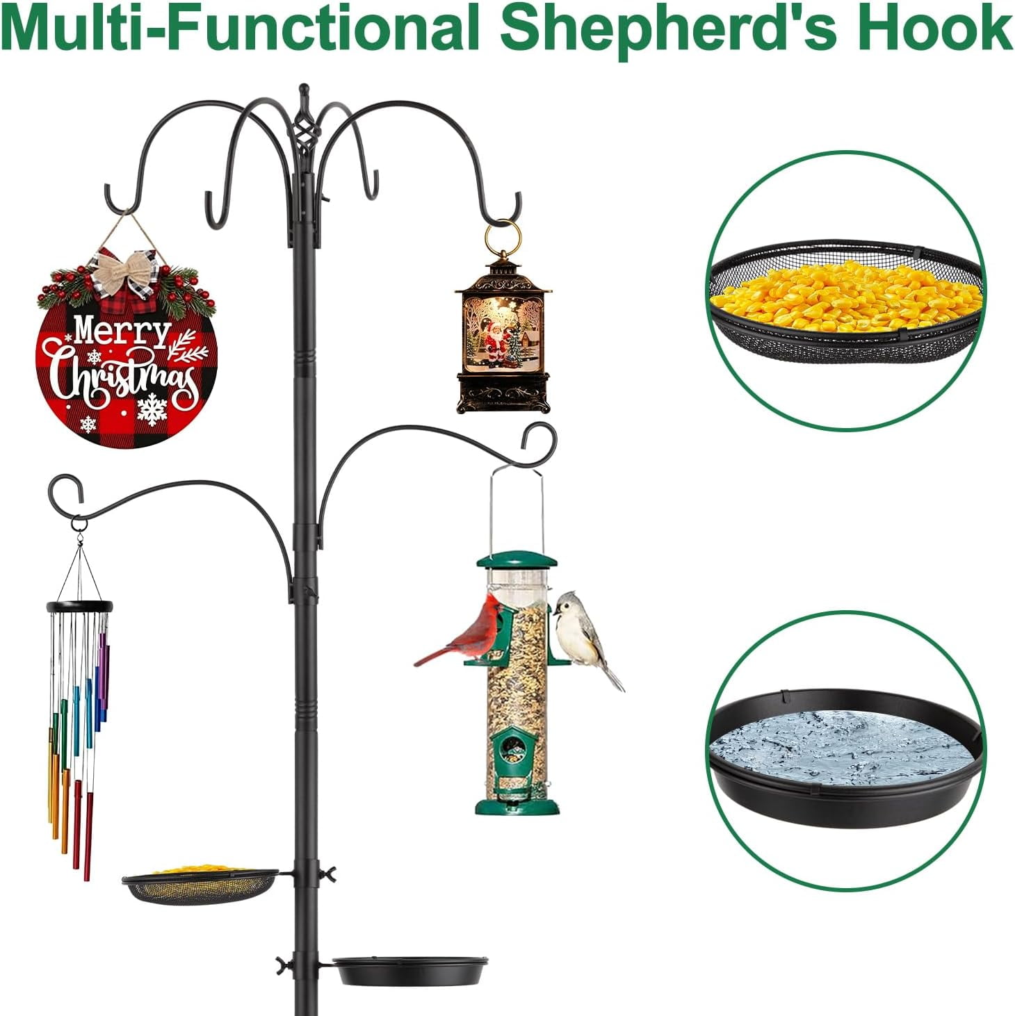 103 in Bird Feeding Station Kit, 6-Hook Wild Bird Feeder Stand Pole, Steel Multi-Feeder Pole with 5-Prong Base, Mesh Tray, Bird Bath for Attracting Wild Birds