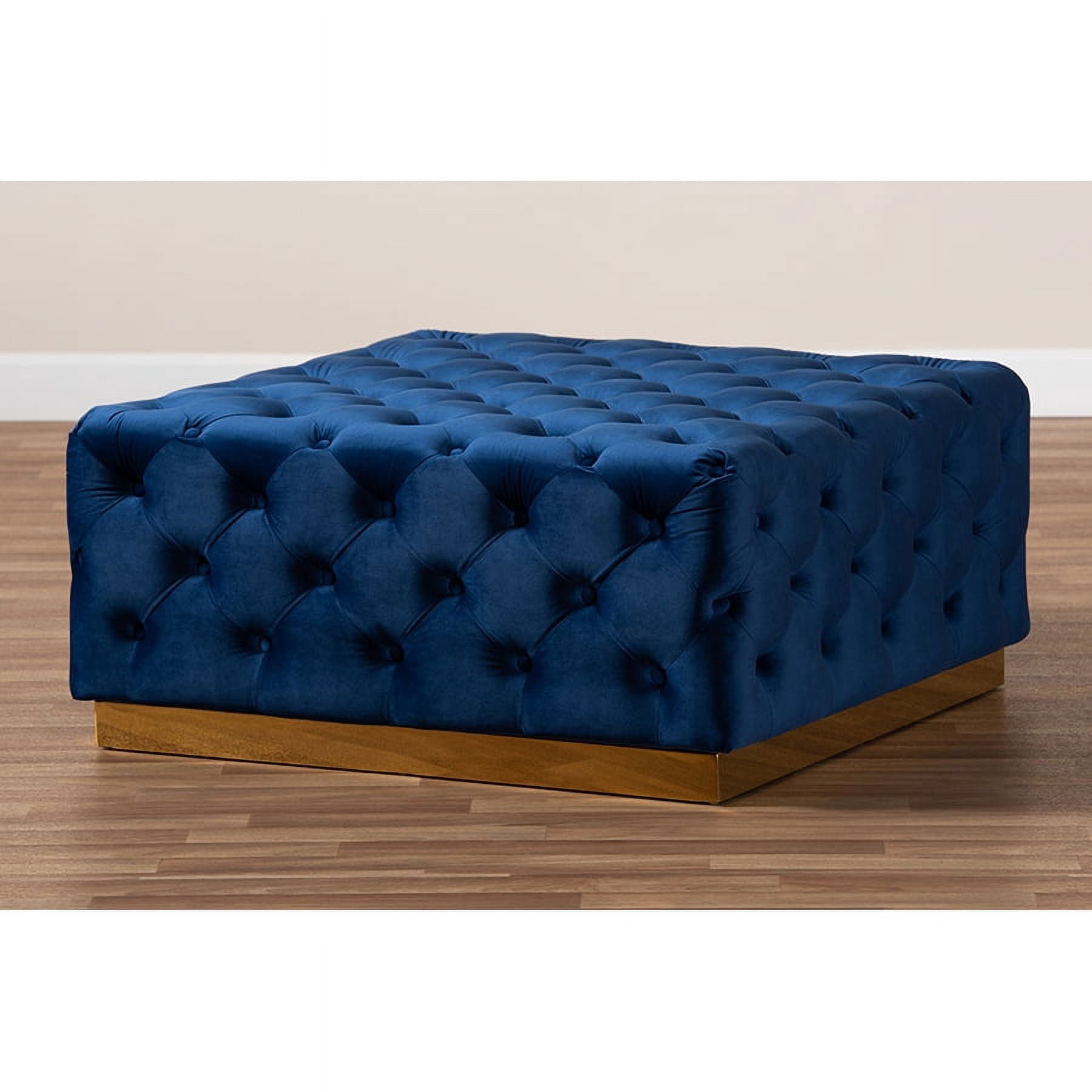 Baxton Studio Verene Glam and Luxe Royal Blue Velvet Fabric Upholstered Gold Finished Square Cocktail Ottoman