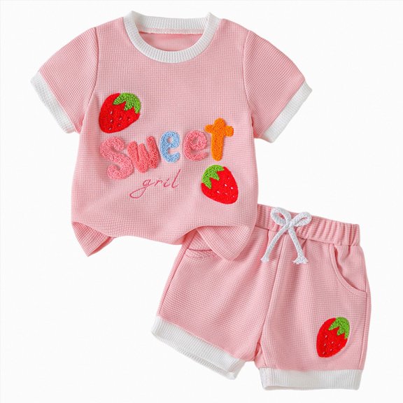 Paguaki Toddler Baby Girls Clothes Sweet Girl Strawberry Short Sleeve Shirt Cute Summer Outfits Kids Shorts Set