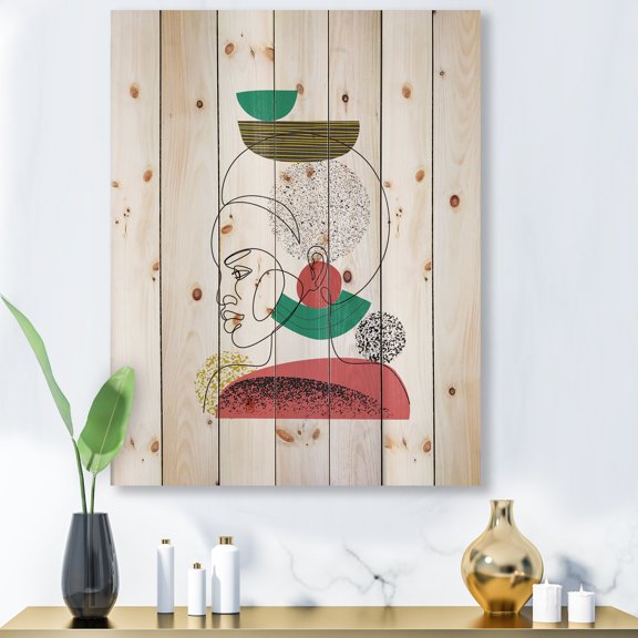 Designart 'One Line Portrait of Afro American Women VI' Modern Print on Natural Pine Wood