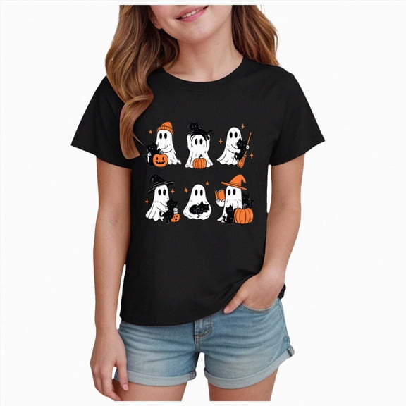 xaweyi Girls Halloween Short Sleeve Fashion Tops Crew Neck Cartoon Graphic Casual T Shirt
