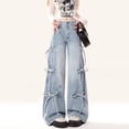 thumbnail image 4 of Women's Jeans - Fashionable Women's Wide Leg Denim Pants with Bow Tie Loose Fit Long Trousers for Autumn Style Soft Cropped Jeans,Color:Blue,Size:XL, 4 of 9