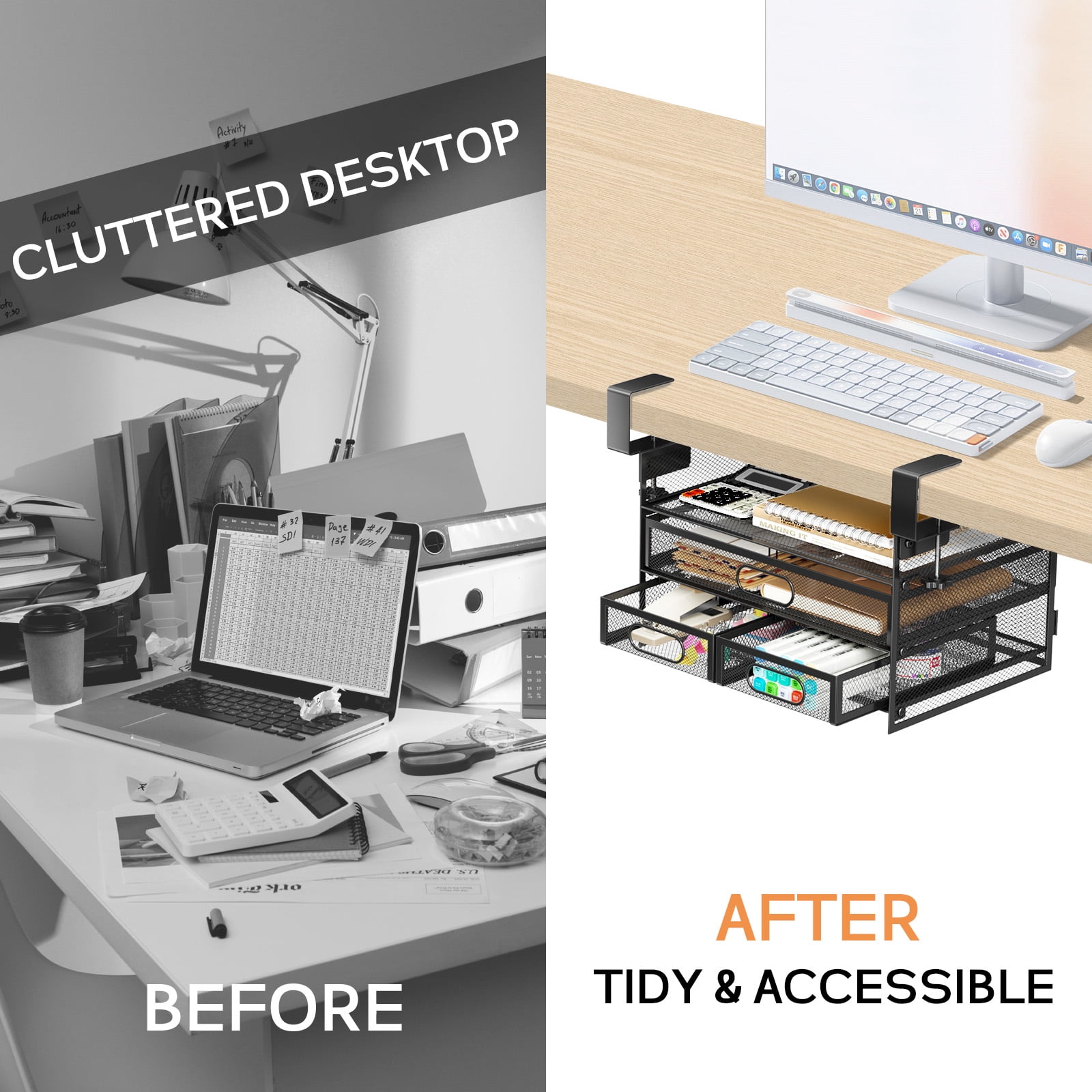 Under Desk Drawer Organizer, Large Under Desk Storage Side Drawers for Home & Office, L12.9xW9.6xH8.1 Drill-Free Clamp-on Installation for Small Space, Spacious Storage for Office Supplies, Papers