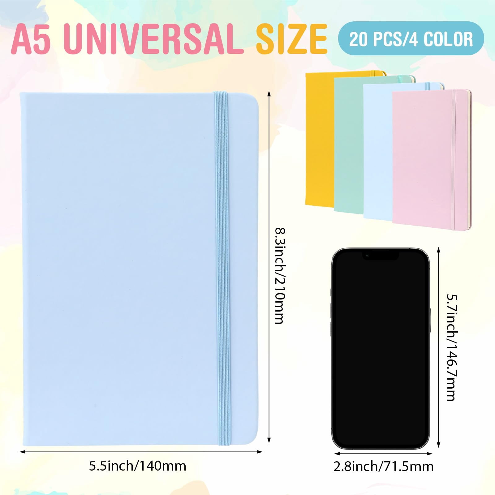 20 Pack Lined Journal Notebooks A5 Hardcover Executive Notebook 5.5" X 8.3" Pu Leather Wide Ruled Journals Bulk With Elastic Band For Home Business Office School Supplies(4 Pastel Colors)