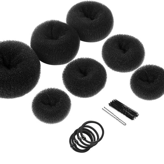 MRSXXNTY Donut Hair Bun Maker 7 Pieces,Ring Style Bun Maker Set with Hair Bun Makers (1 extra-large, 2 large, 2 medium and 2 small), 5 pieces Hair Elastic Bands, 20 pieces Hair Pins, Dark Brown