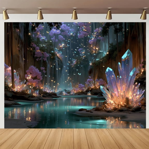 Enchanted Forest Waterfall Backdrop Purple Glitter Crystal Cave Photography Background Colorful Butterfly Birthday Party Decorations Banner Supplies Photo Booth Props