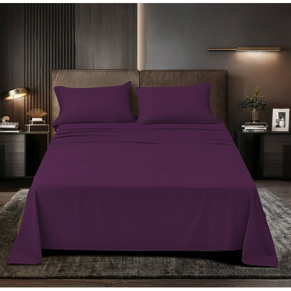 Luxury Series Rayon Made from Bamboo Sheet Set - Wrinkle Free -Softer than Cotton- Deep Pockets - 4 Piece - 1 Fitted Sheet, 1 Flat, 2 Pillowcases King, Purple