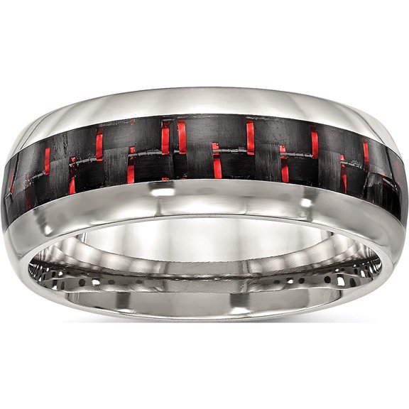 Stainless Steel Polished Black/Red Carbon Fiber Inlay 8mm Band (Size 7) Made In China sr504-7