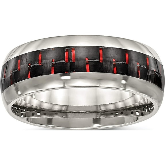 Stainless Steel Polished Black/Red Carbon Fiber Inlay 8mm Band (Size 10.5) Made In China sr504-10.5