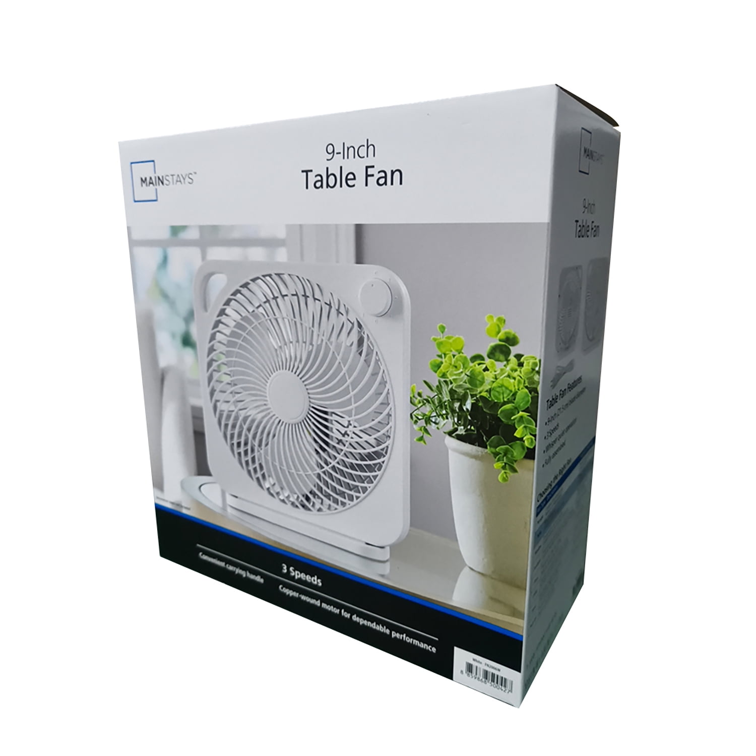Mainstays 9 in 3-Speed Indoor Personal Table Fan with Portable Handle, White, Model FN2006W