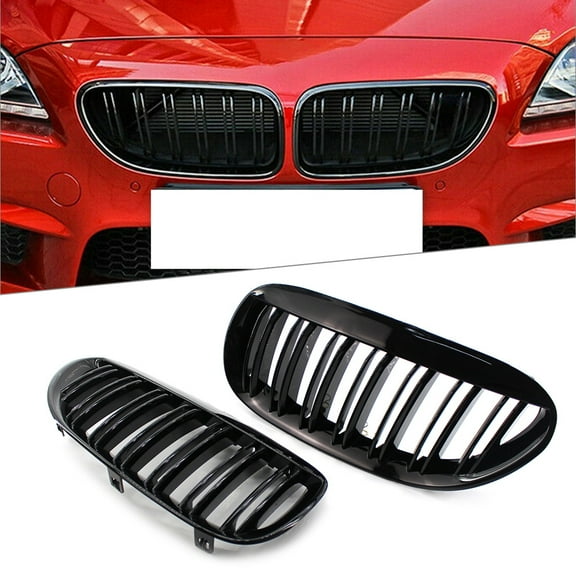 BFY 2Pcs Gloss Black ABS Front Kidney Grille For BMW E63 E64 6 Series 650i M6 2004-2010 Dual Line Mesh Grill Car Accessories