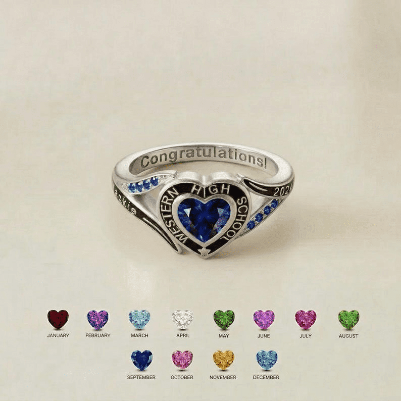 Personalized Heart Graduation Ring for Senior | Custom Birthstone Class Ring Gift | School Grad Keepsake