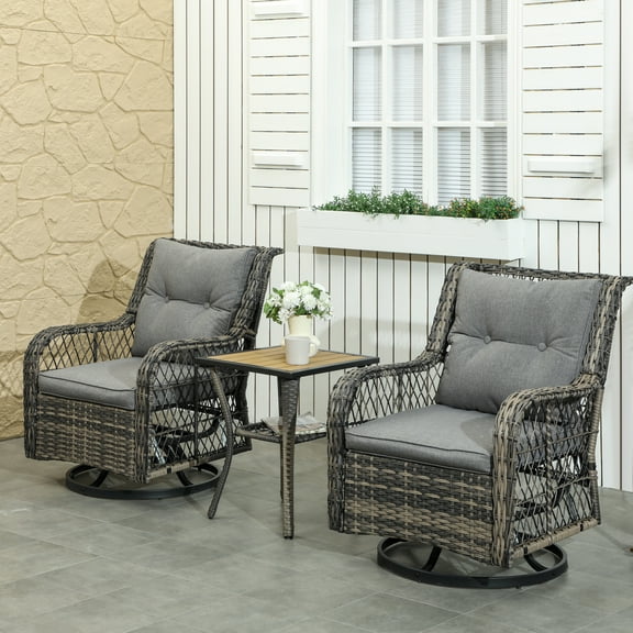Outsunny Wicker Bistro Set, 3 Piece Patio Furniture Set with Swivel Glider Chairs and Storage Table, Cushions for Balcony, Porch, Gray