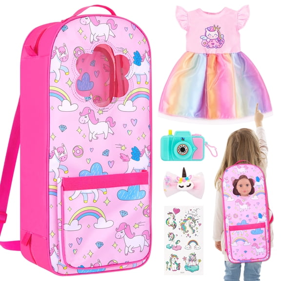 ZITA ELEMENT 18 Inch Doll Storage Bag - 5PCS Unicorn Theme 18in Doll Accessories Set with Rainbow Dress, Hair Clip, Camera, Stickers & Fashion 18 Inch Dolls Carrier Bag | Perfect for 18" Dolls