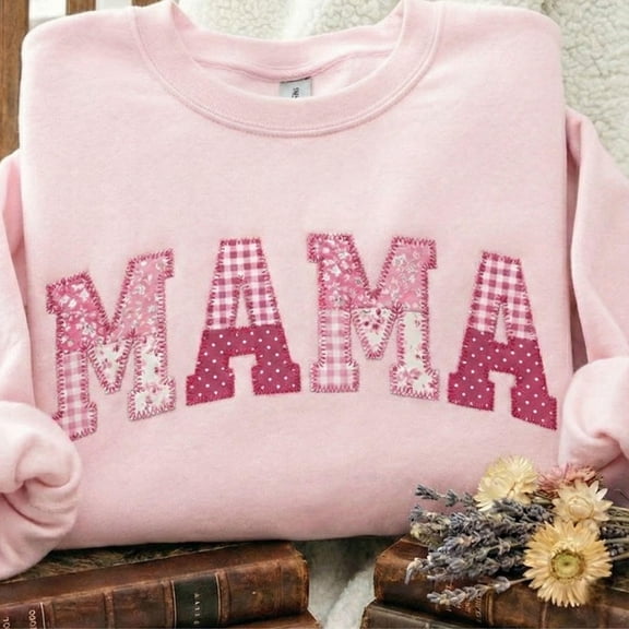 Chic Mama Pink Floral Gingham Patchwork Sweatshirt for New Mom Gift and Announcement