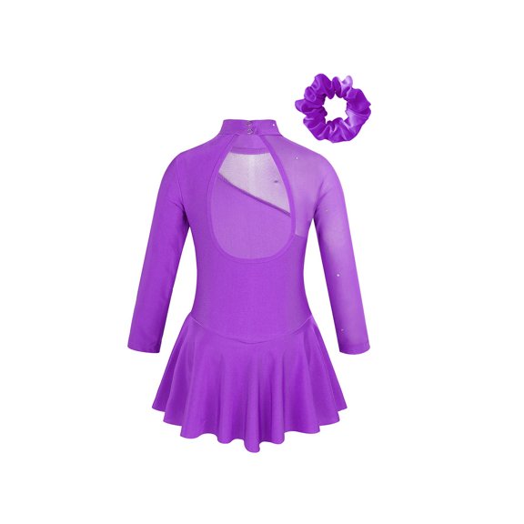 Lejafay Kids Girls Figure Ice Roller Skating Dress Rhinestone Long Sleeve Leotard Dresses Ballet Purple 8
