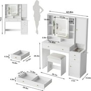 Vabches Vanity Set with Sliding Mirror and Lights Makeup Table with 3 Drawers & 2 Cabinets & 5 Shelves, White