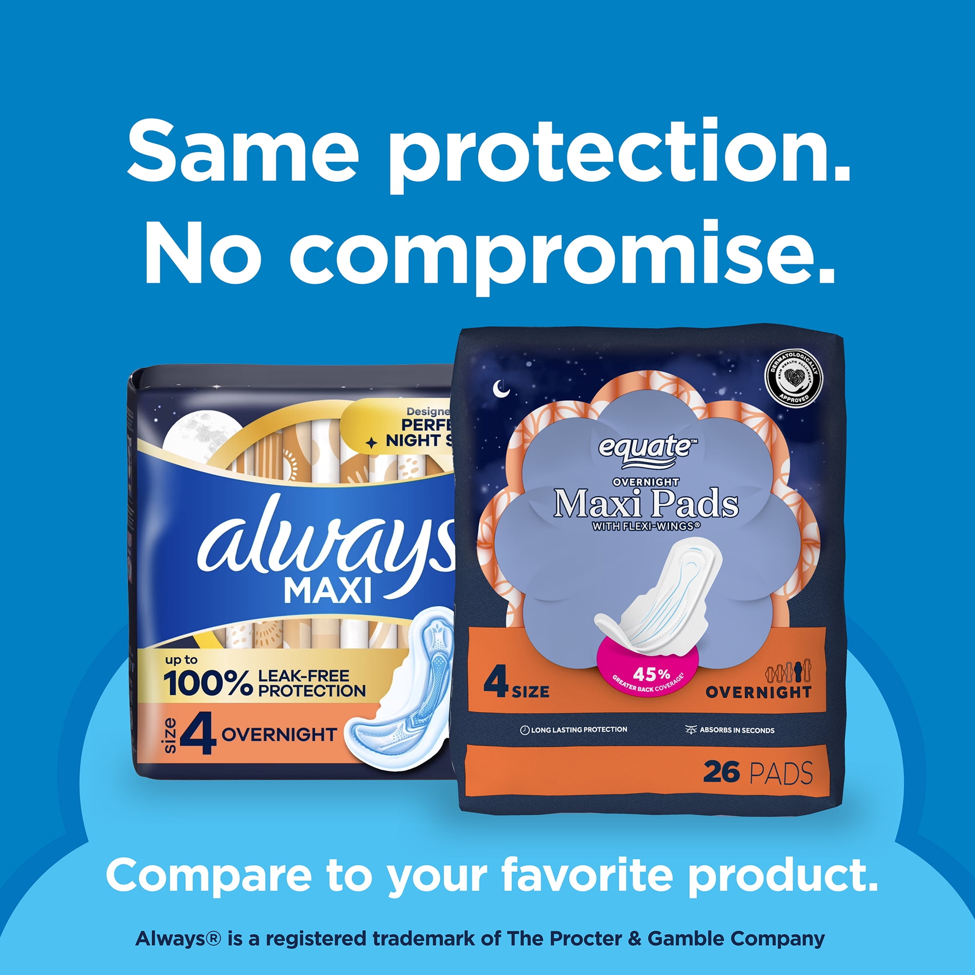 Equate Overnight Maxi Pads with Flexi-Wings, Overnight Absorbency, Size 4, 26 Count