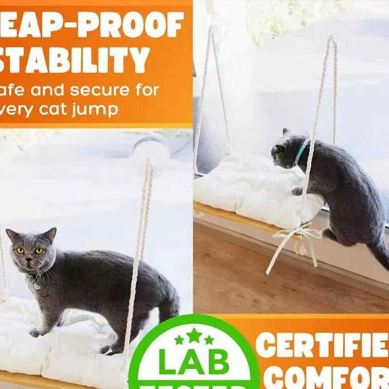 Cat Window Perch, Rustic Cat Hammock Bed with Solid Wood Seat 4 Heavy Duty Suction Cups, Plush Cushion, Indoor Pet Window Hammock for Cats for Large Cats