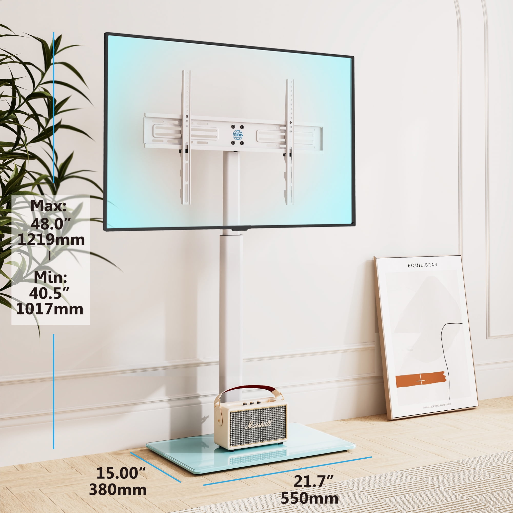 Modern Floor TV Stand With Swivel Mount - Fits 32 To 65 Inch Screens, Black Metal & Glass