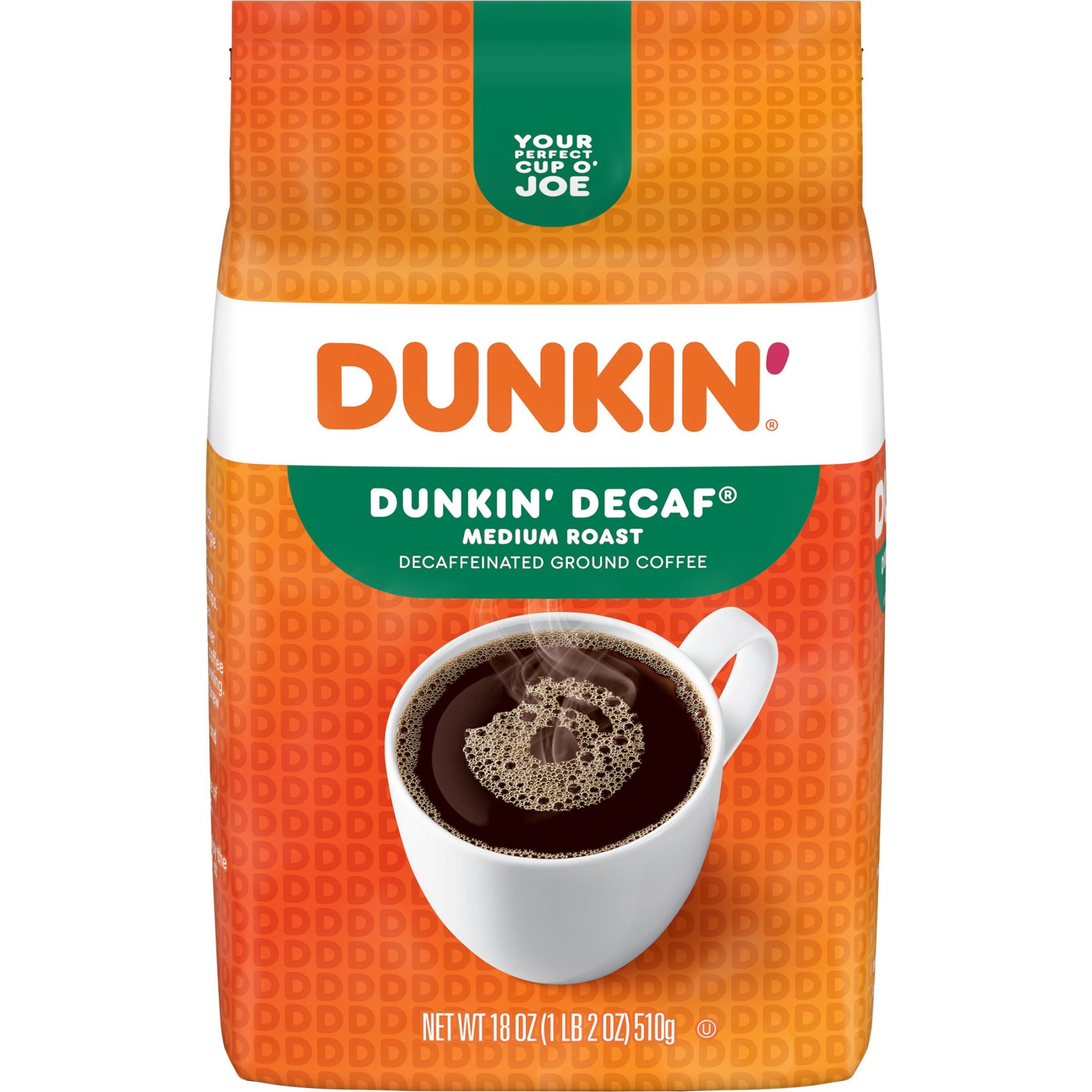 (6 pack) Dunkin’ Decaf Medium Roast Ground Coffee, 18 oz Bag