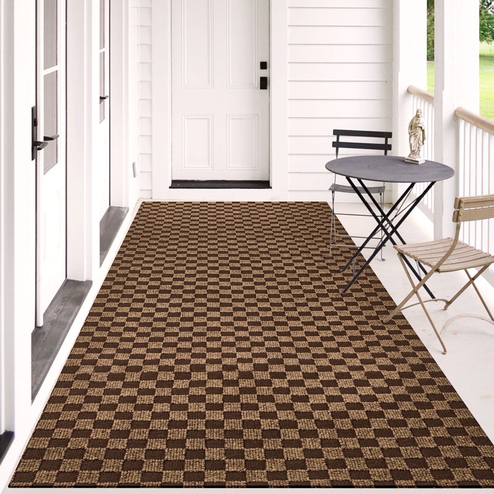 Morefany Runner Rugs Outdoor Indoor Area Rug with Rubber Backing Non Slip Carpet Custom Size Mat for Hallway Entryway Kitchen Garage Laundry checkered Brown 3' x 8'