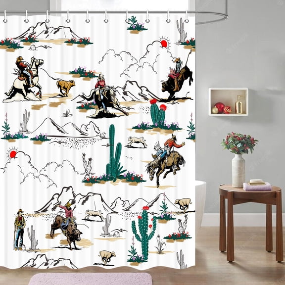 Western Cowboy Shower Curtain Cactus Farmhouse Country American Wild West Cowboy Riding Horse in Desert Hand Drawn Home Bathroom Decor Waterproof Fabric 60X70 Inch with Hooks