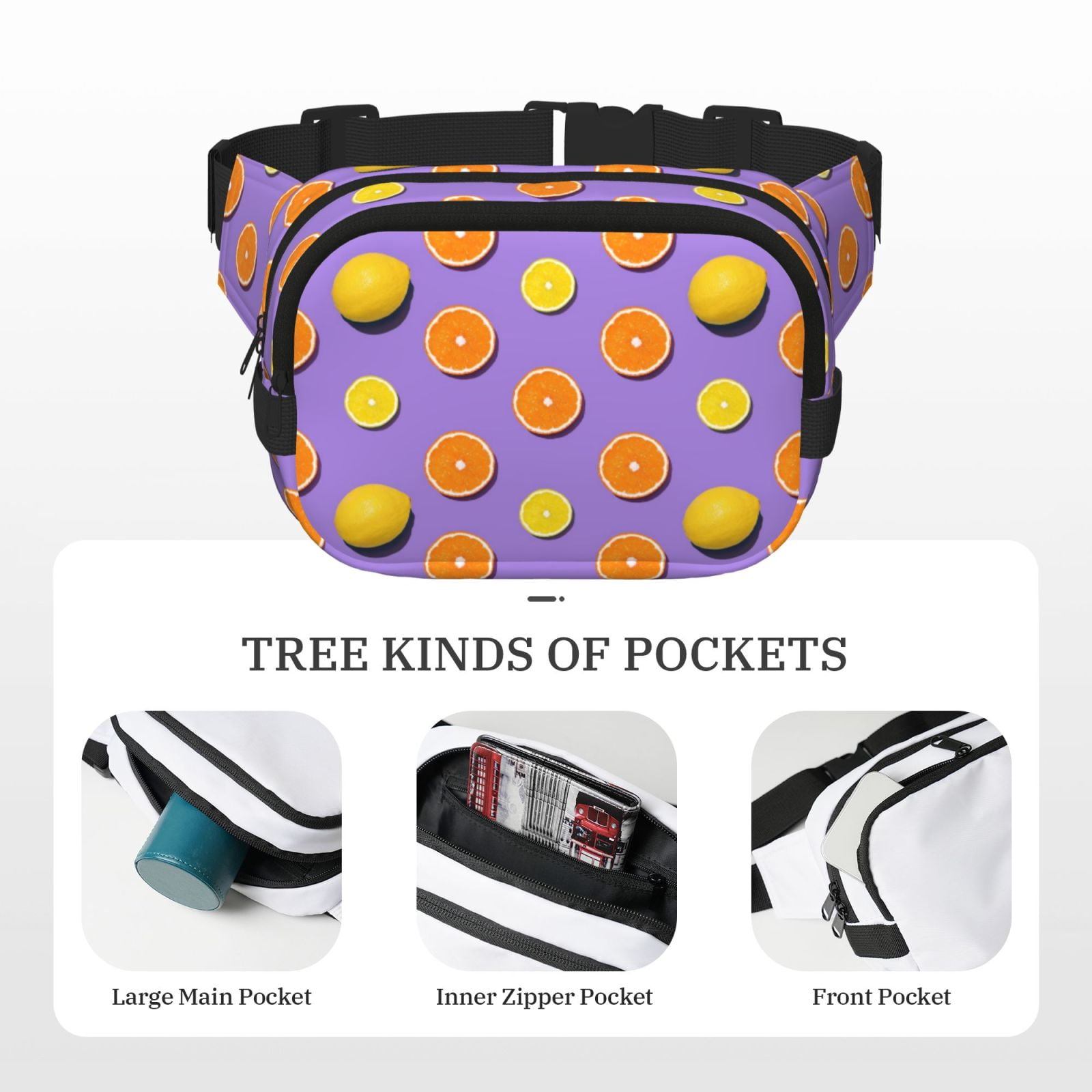 Fuzoiu Yellow Lemon And Orange Print Unisex Square Double Layer Waist Bag,Crossbody Fanny Pack Travel Workout Accessory