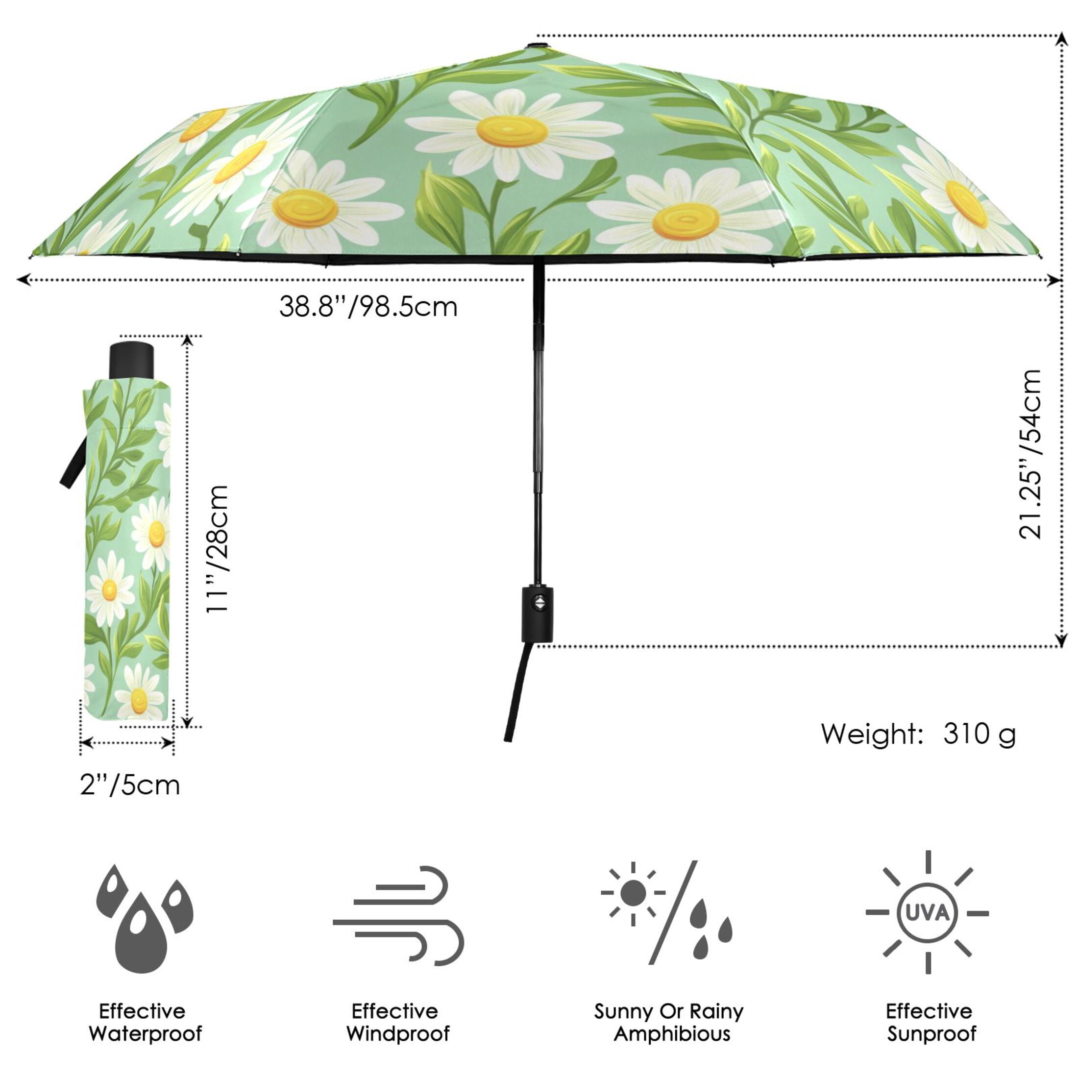 Daisy and Leaf Pattern Folding Umbrella UV50+ Waterproof Sun Protection Auto Open Close Compact Fiberglass Frame