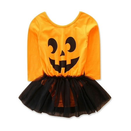Infant Baby Girls Pumpkin Face Cotton Long Sleeve Romper with Tutu Skirt Halloween Costume (90/12-18 Months)