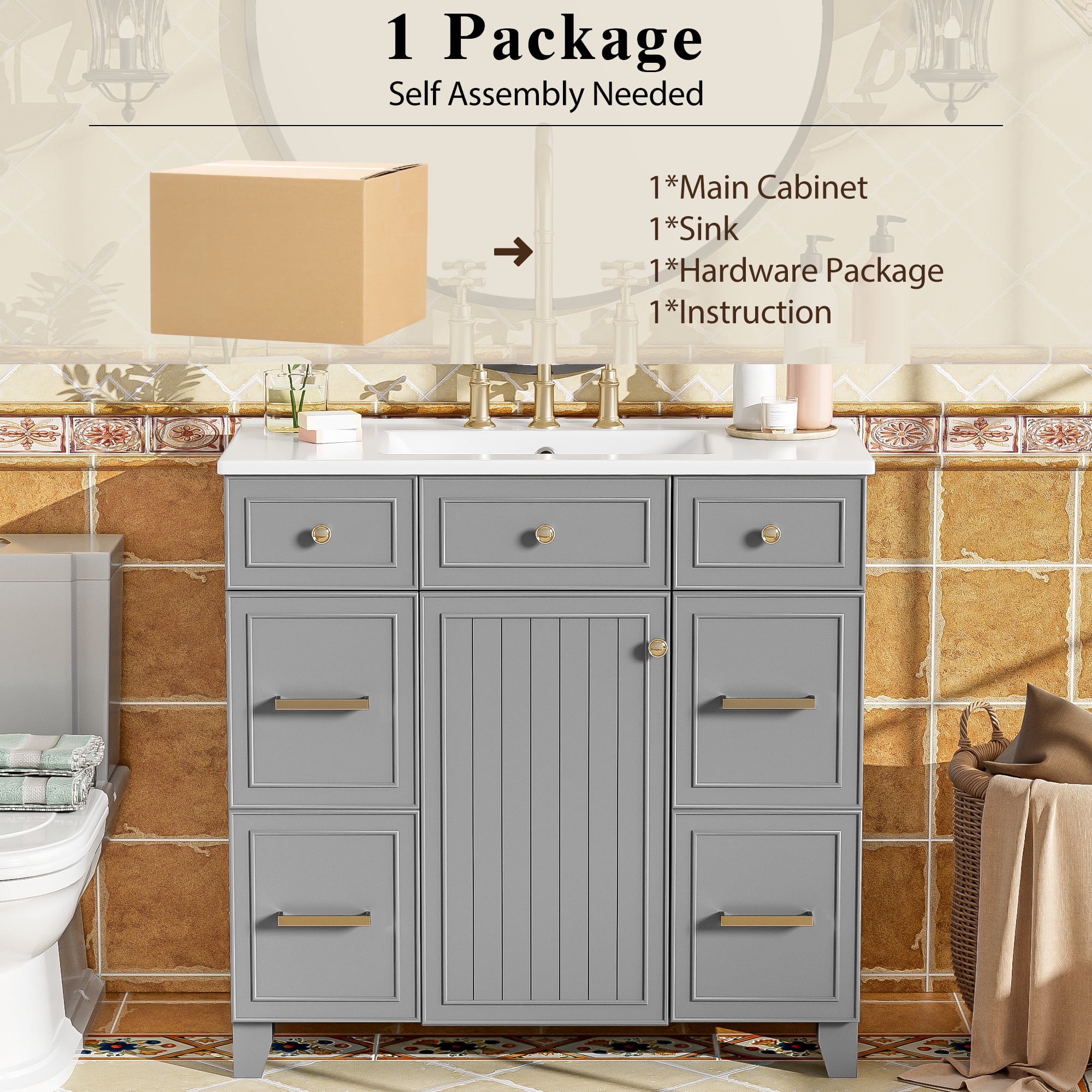 Euroco 36" Bathroom Vanity with Ceramic Sink, Grey, Solid Wood Frame, Soft Close Doors, Adjustable Shelves, 3 Drawers, Including Double-Depth Drawer for Hairdryer Storage