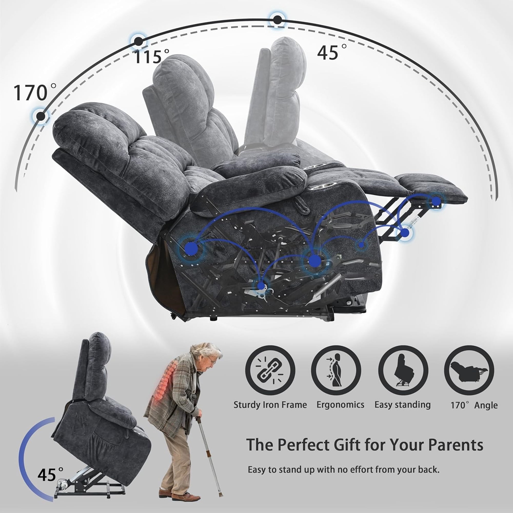 LITVZ Heavy Duty Recliner Chairs with Cup Holders for Adults Big and Tall, Oversized Power Recliner Lift Chair for Elderly, Heat and Massage, Stand Up, Lay Flat 160 Degree Sleeping