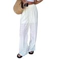 thumbnail image 2 of Womens Summer Solid Color Hollow Out Embroidery Casual Elastic Waist Long Pants Versatile Comfort White L, 2 of 9