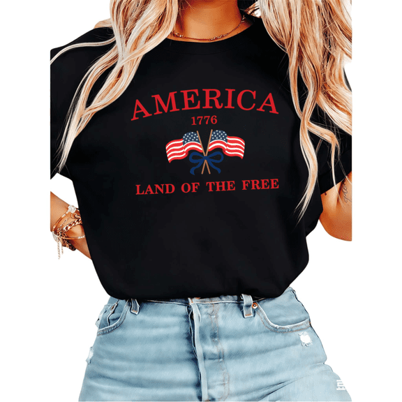 UNISHE Women's 4th of July America 1776 Land of the Free Patriotic Flag Bow Graphic Short Sleeve T-Shirt Casual Cotton Crewneck Top Black S-5XL