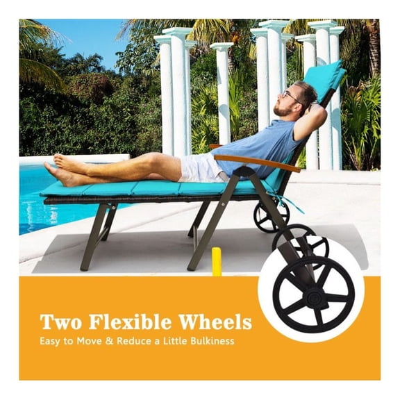 Foldable Chaise Lounge Chair, Wicker Recliner Outdoor Patio Lounger with Aluminum Frame, Adjustable Backrest & Wheels, 385lbs Capacity