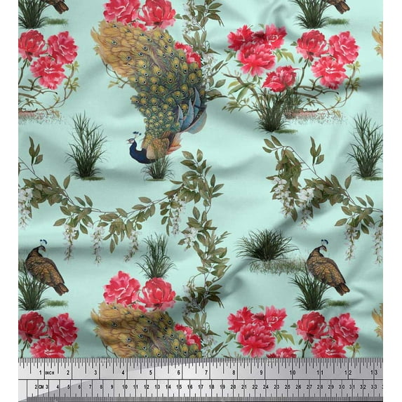 Soimoi Japan Crepe Satin Fabric Leaves,Floral & Peacock Bird Decor Fabric Printed Yard 42 Inch Wide